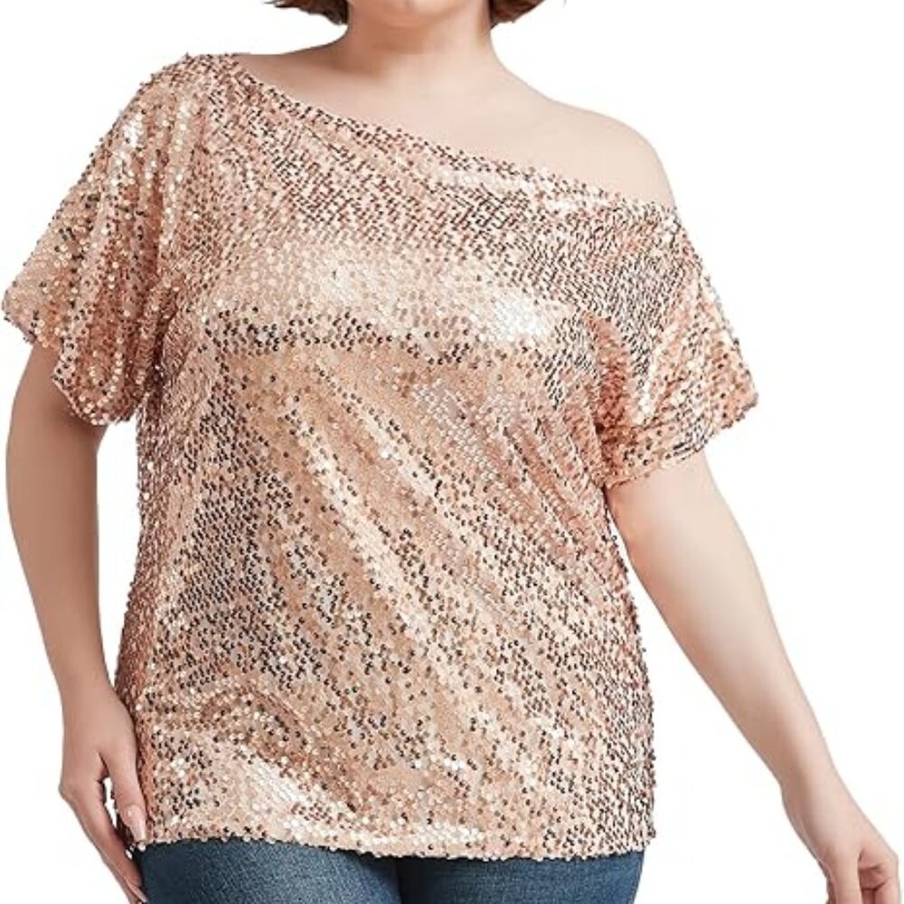 NWT Anna-Kaci Womens Plus Sequin Off Shoulder Top - Blush Pink - Size 3X